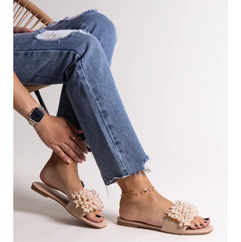 marka niezdefiniowana Beige flip-flops decorated with beads Atiyene 106996152