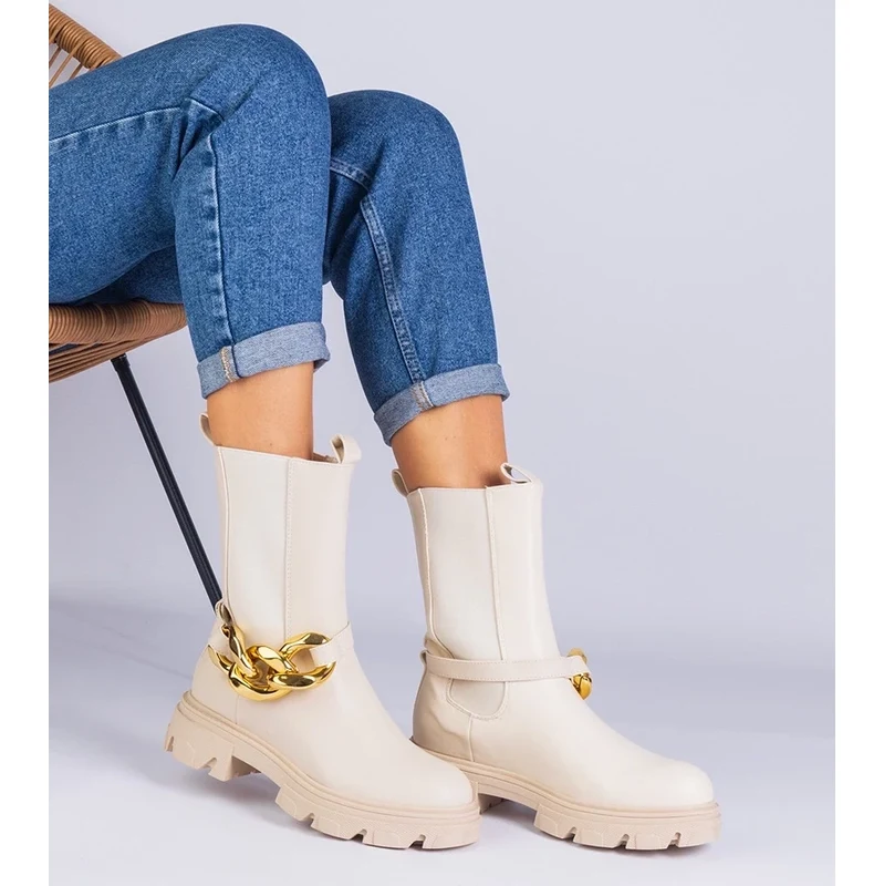 Gemre Beige ankle boots decorated with a chunky chain Florisenda 106998275
