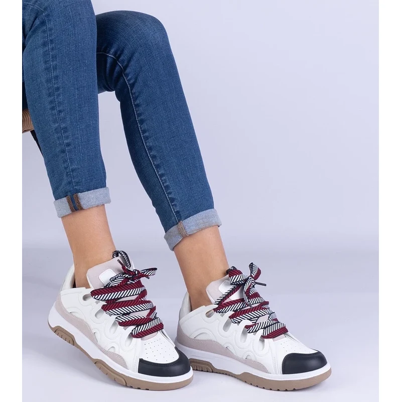 Gemre White womens sneakers with decorative lacing Grejs