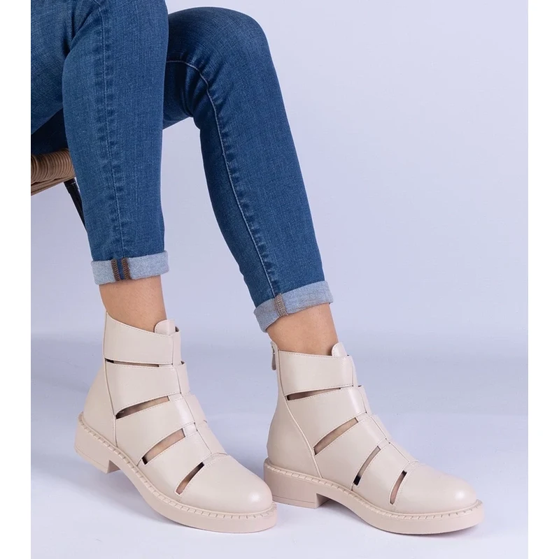 Gemre Beige faux leather ankle boots with cutouts on a flat heel 108967447