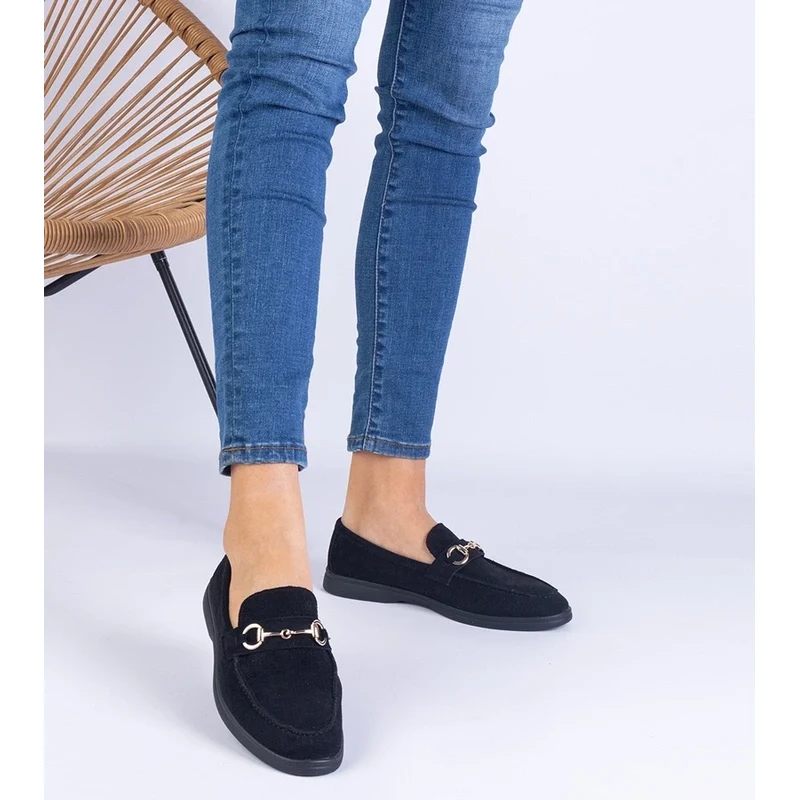 Gemre Black perforated eco-suede moccasins with a gold