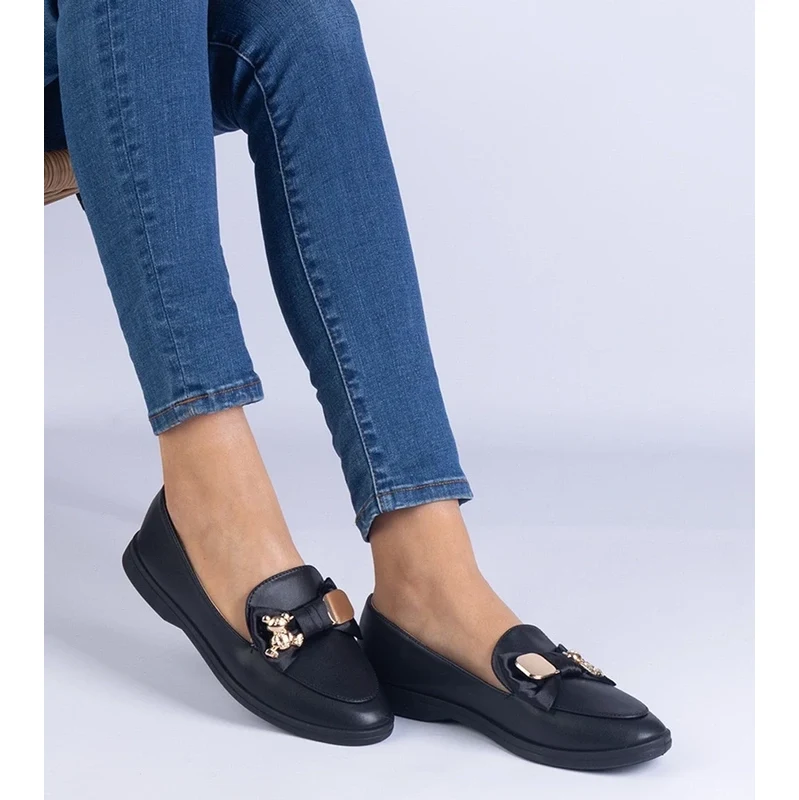D/CEO Gemre Black loafers decorated with a bow and a golden teddy bear 106998332