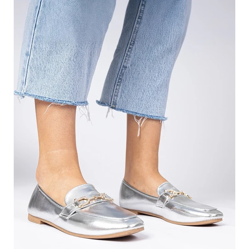 Gemre Silver elegant loafers with rhinestones Banzao