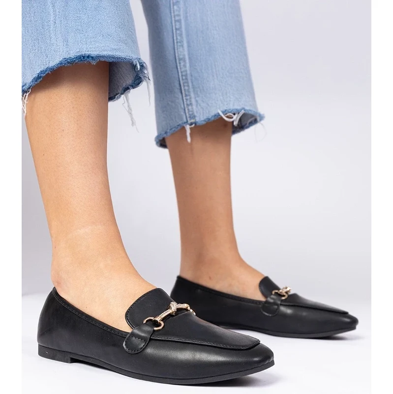 Gemre Black elegant loafers with a gold ornament and rhinestones