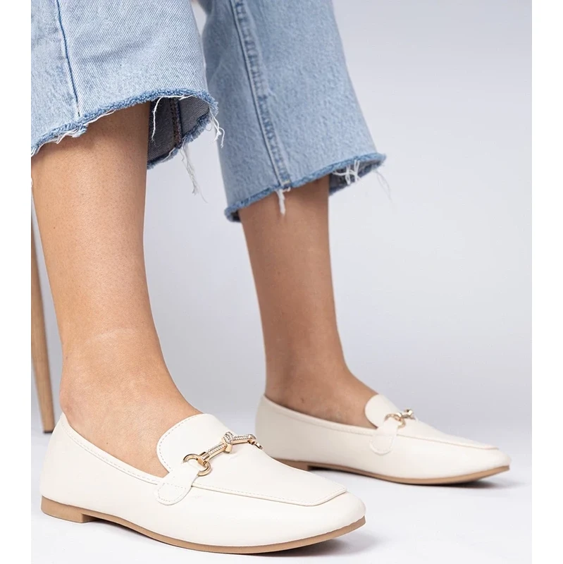 Gemre Beige elegant loafers with gold decoration and rhinestones