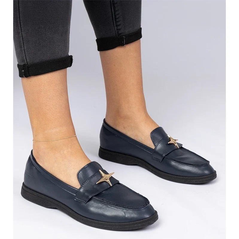 Gemre Navy blue womens loafers with gold decoration Senna