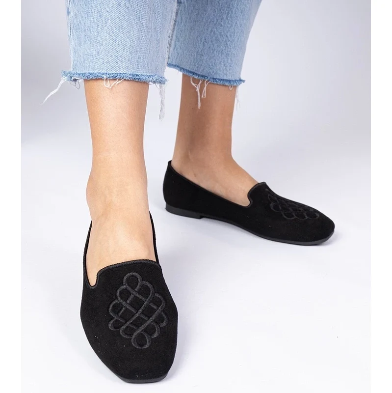 Gemre Black womens eco-suede embroidered ballet flats Ronna 106998922