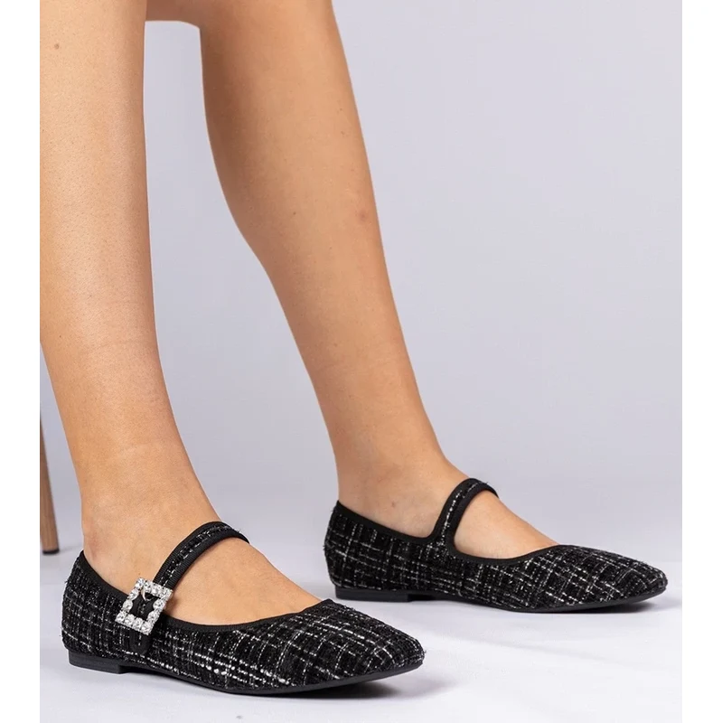 Gemre Black womens ballet flats with buckle and crystals Piona 106998949
