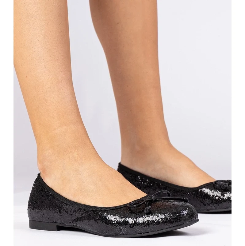 Gemre Black womens glitter ballet flats with bow Vellas 106998941