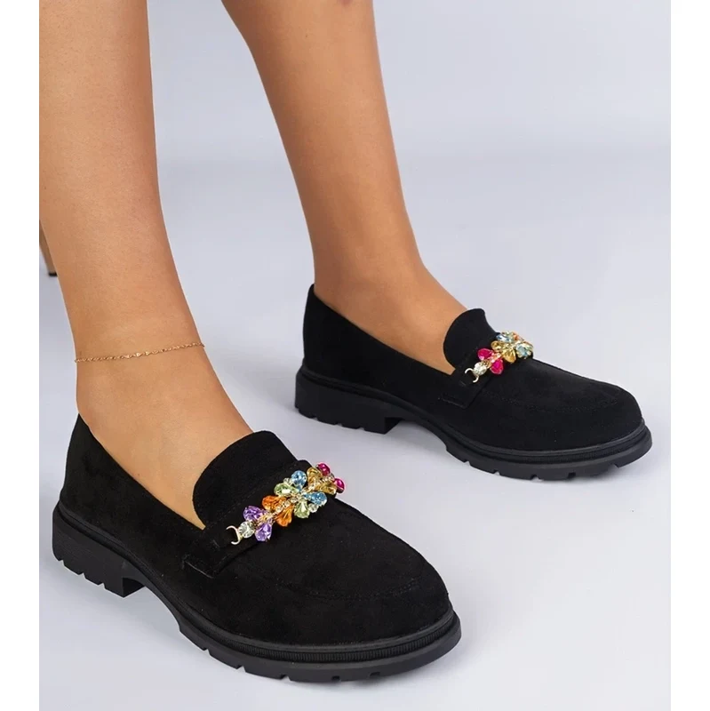 Gemre Black womens moccasins adorned with stones Liliana