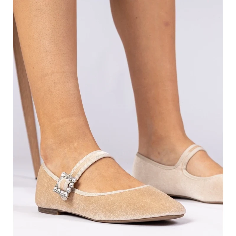 Gemre Beige Womens Suede Ballet Flats with Buckle Kvitta 106999085