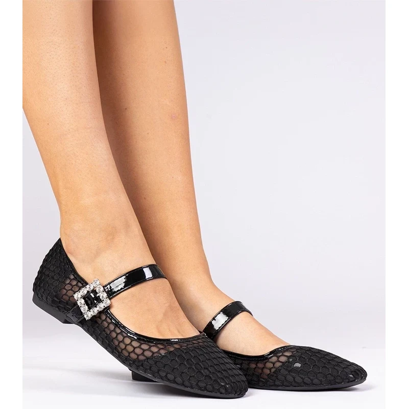 Gemre Black mesh ballet flats with buckle and crystals Sandrino 106999088