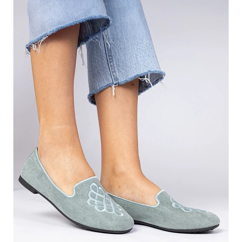 Gemre Green womens eco-suede ballet flats with embroidery Ronna 106999102
