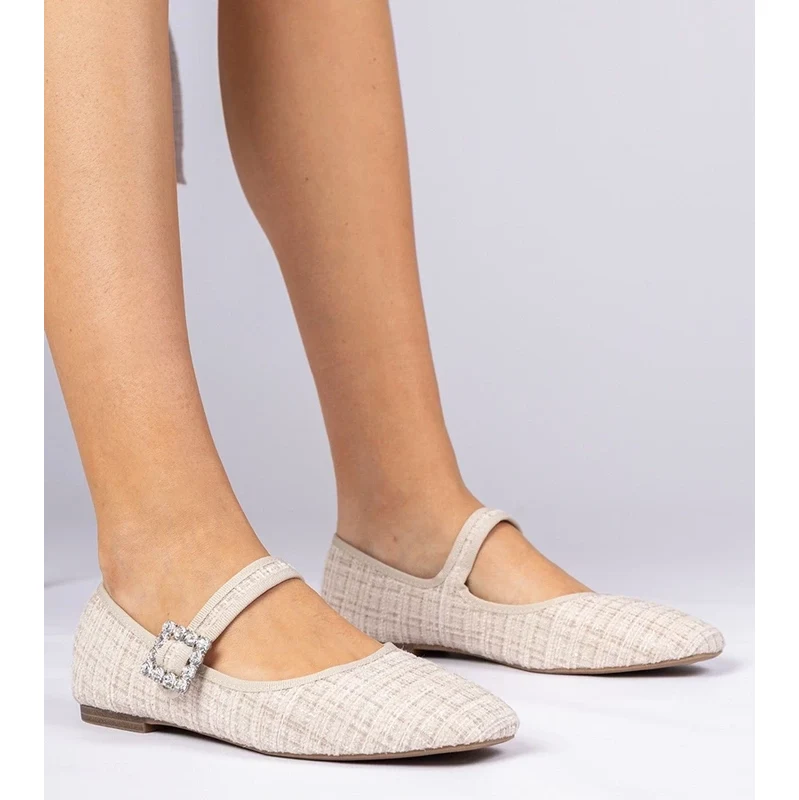 Gemre Beige Womens Ballet Flats with Buckle and Crystals Piona 107358652