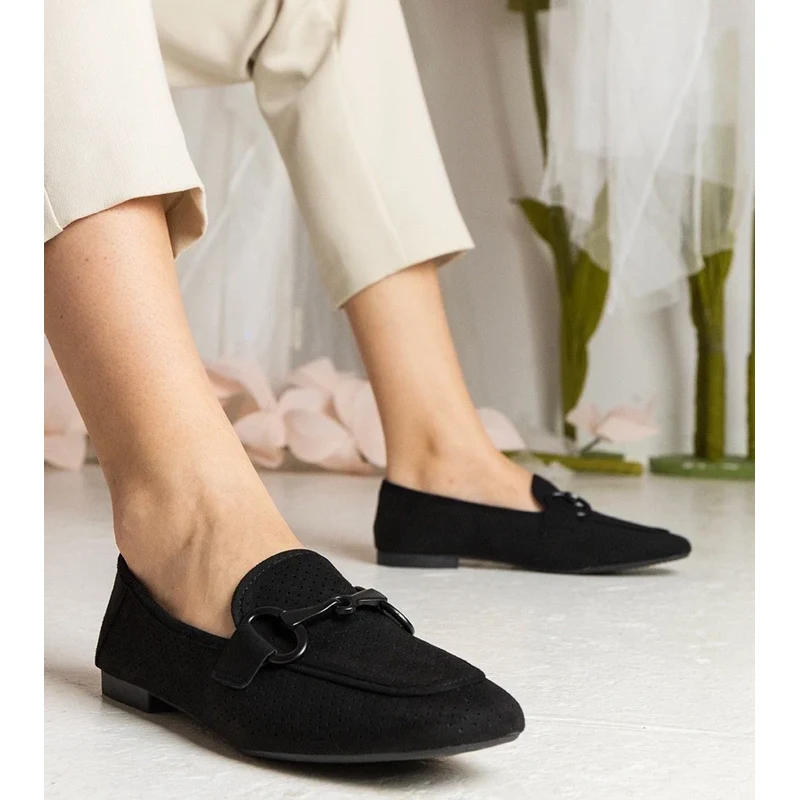 Gemre Black womens openwork loafers with ornament Mensory