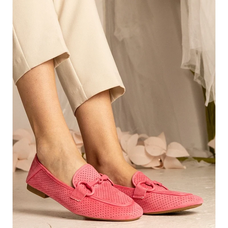 Gemre Pink womens perforated loafers with ornament Mensory