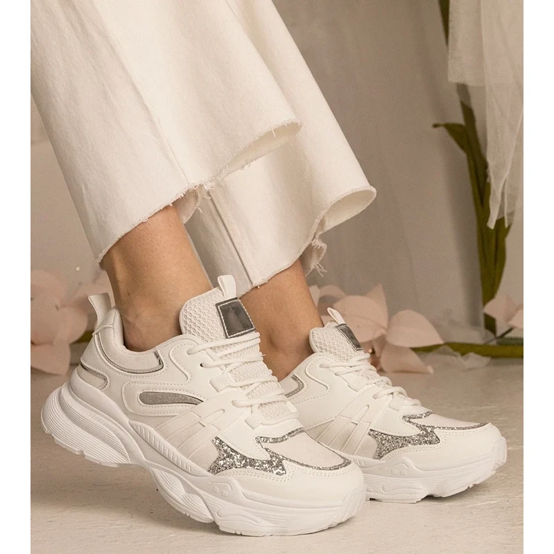 Gemre White womens sports sneakers with glitter Maleda