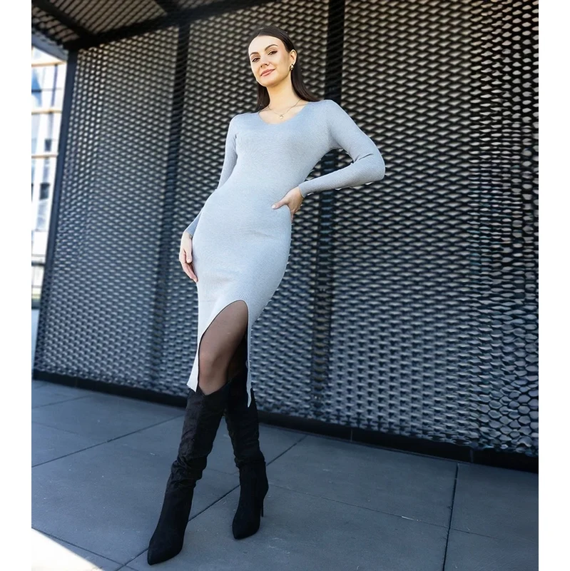 Gemre Long grey dress with a slit Leona