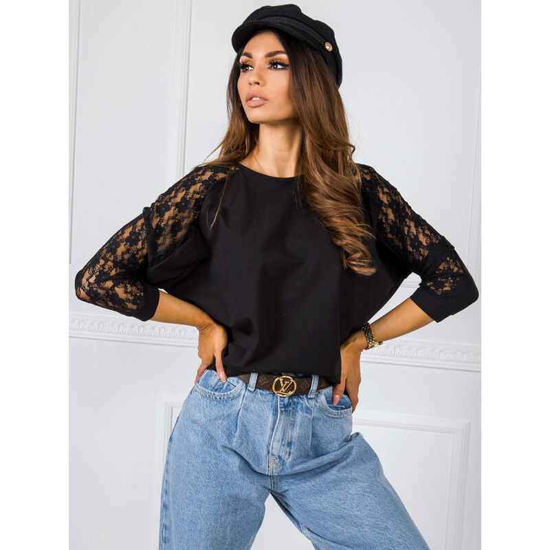 RUE PARIS Dámská černá halenka s krajkou TP-BZ-5476.55-black