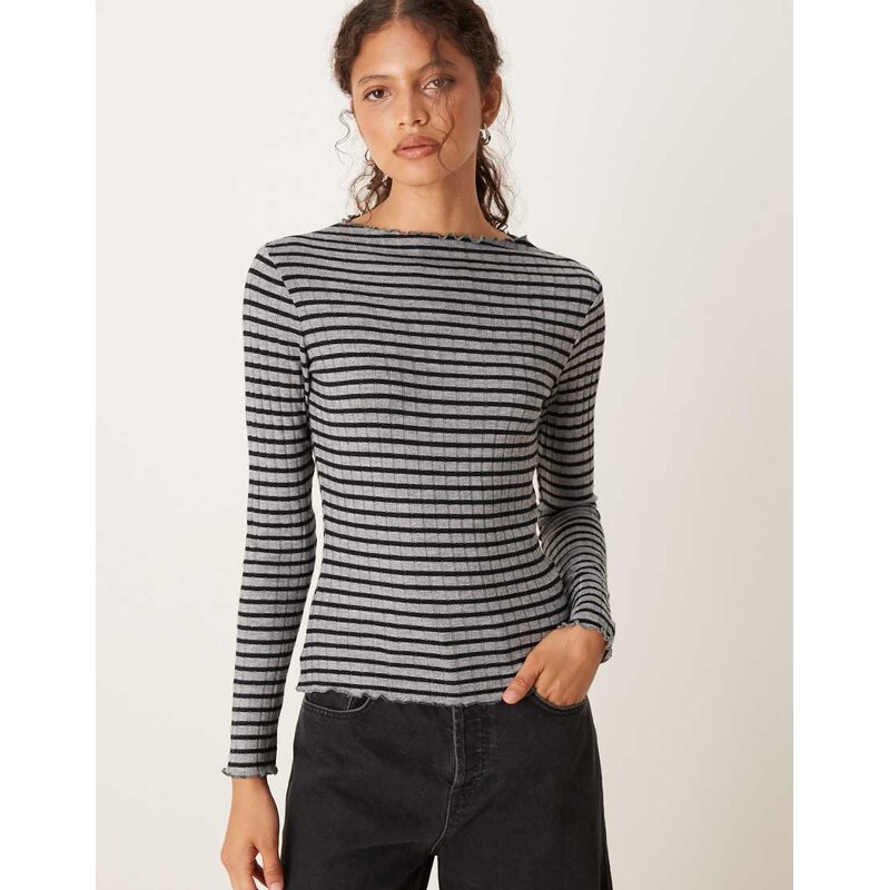 Vila high neck ribbed stripe top in black and grey