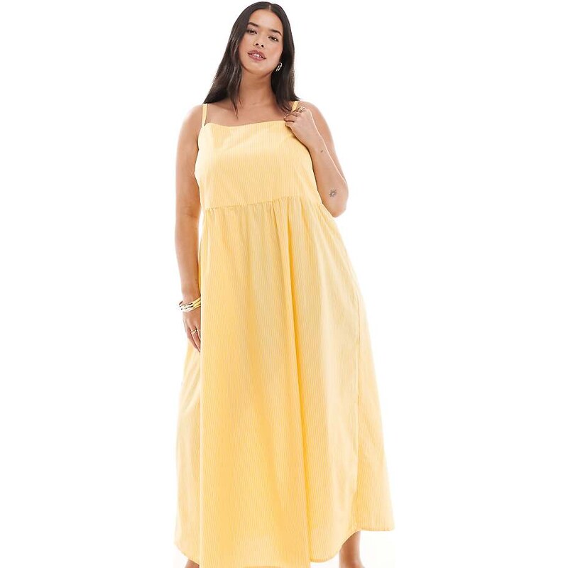 Pieces Plus Pieces Curve cami midi dress in pale yellow stripe 108150767