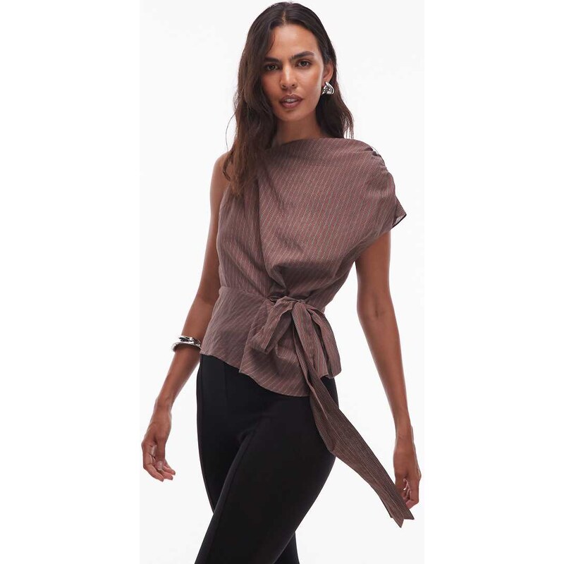 Topshop co-ord drape neck top in chocolate stripe-Multi