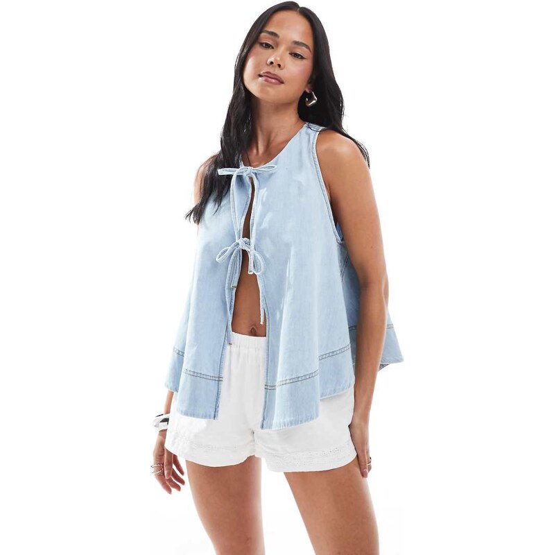 Miss Selfridge tie front swiing waistcoat in bleach wash-Blue
