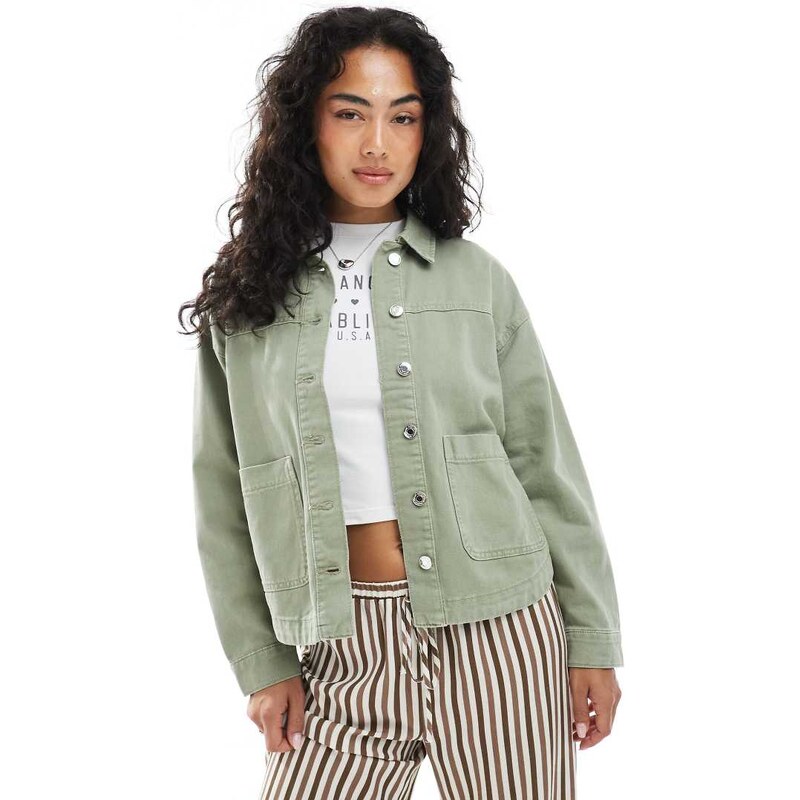 Vero Moda denim shacket with front pockets in washed khaki-Green