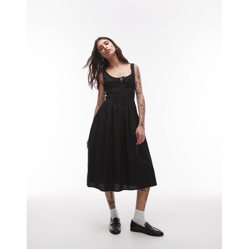 Tommy Jeans rouche midi poplin dress in black 115730550