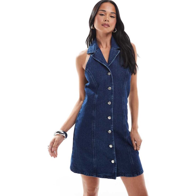 Miss Selfridge collared halted mini dress in mid wash-Blue 107341100
