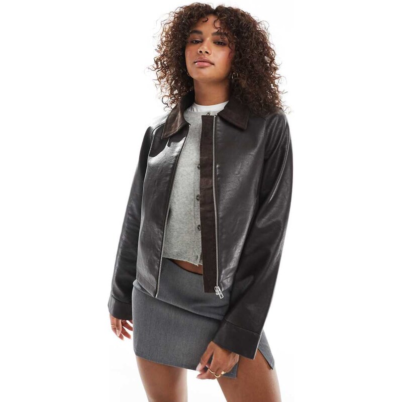 ASOS DESIGN swing leather look crop jacket in brown-Green