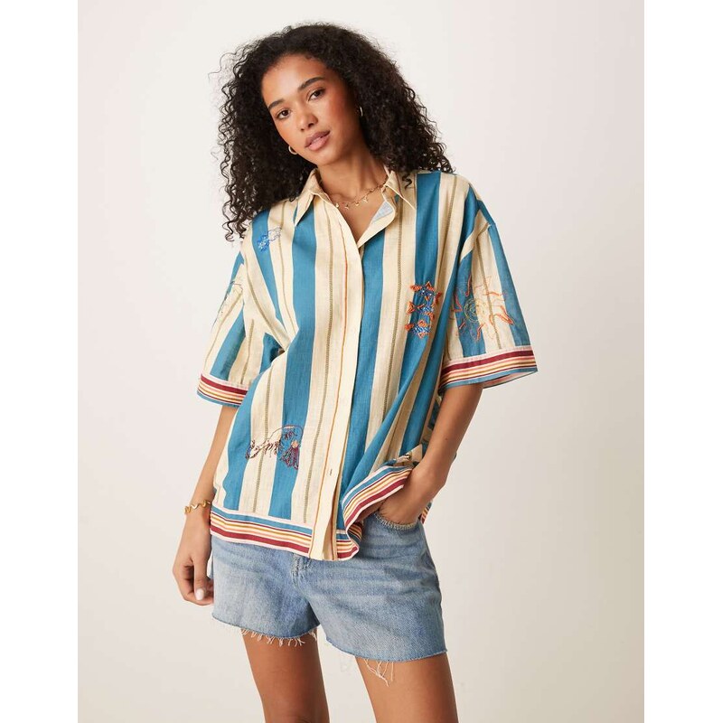 ASOS DESIGN Valerie cotton stripe embroidered beach shirt in