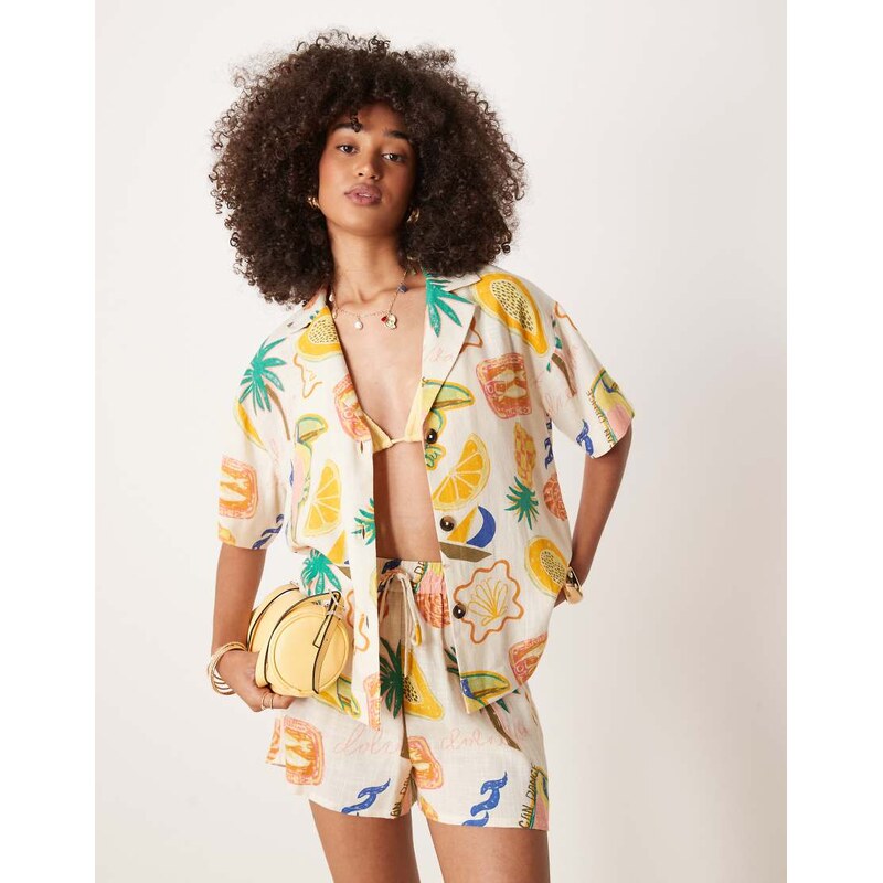 ASOS DESIGN linen blend short sleeve co-ord shirt in tropical print 113261349