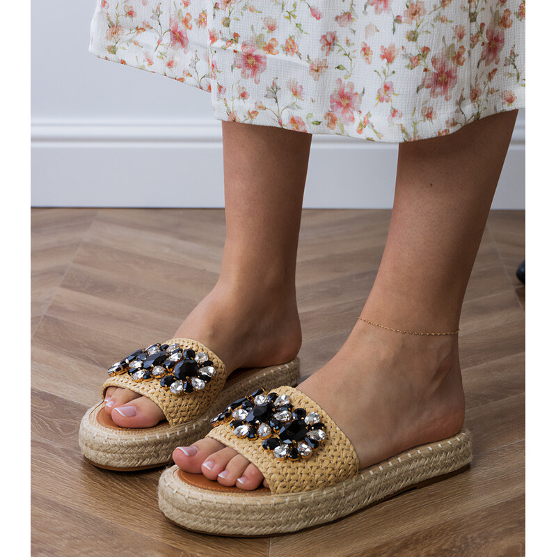 Gemre Beige espadrille slides with black crystals Luas