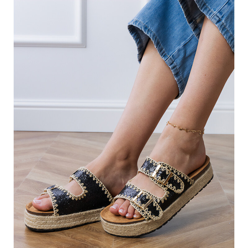 Gemre Black glitter espadrille sandals with buckles Induri