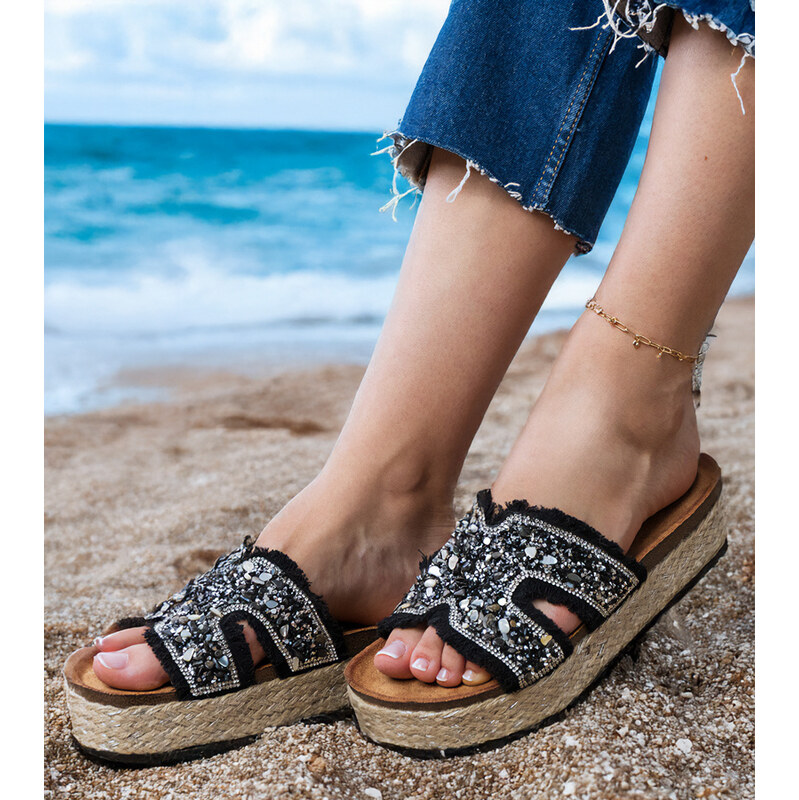 Gemre Black espadrille slides with rhinestones and stones Najros