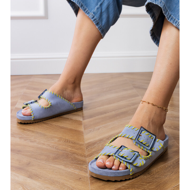 Gemre Blue flip-flops with buckles and embroidery on the straps