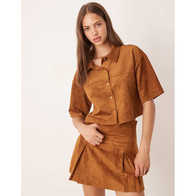 ASOS DESIGN co-ord faux suede boxy short sleeve shirt in brown - BROWN 106603767