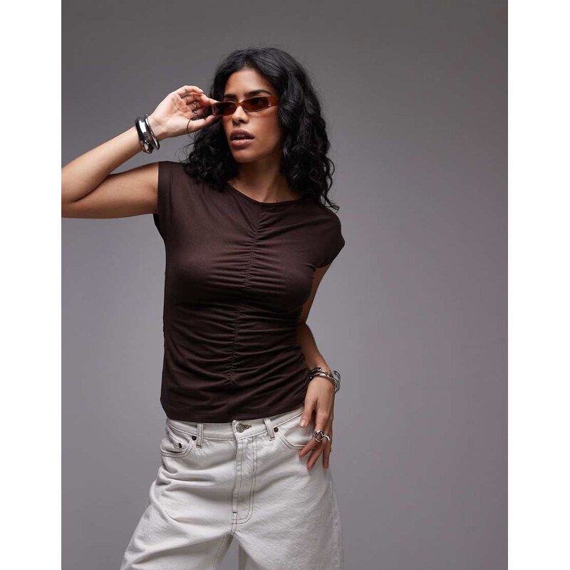 ARKET cotton rich gathered seam stretch t-shirt in brown 107341069