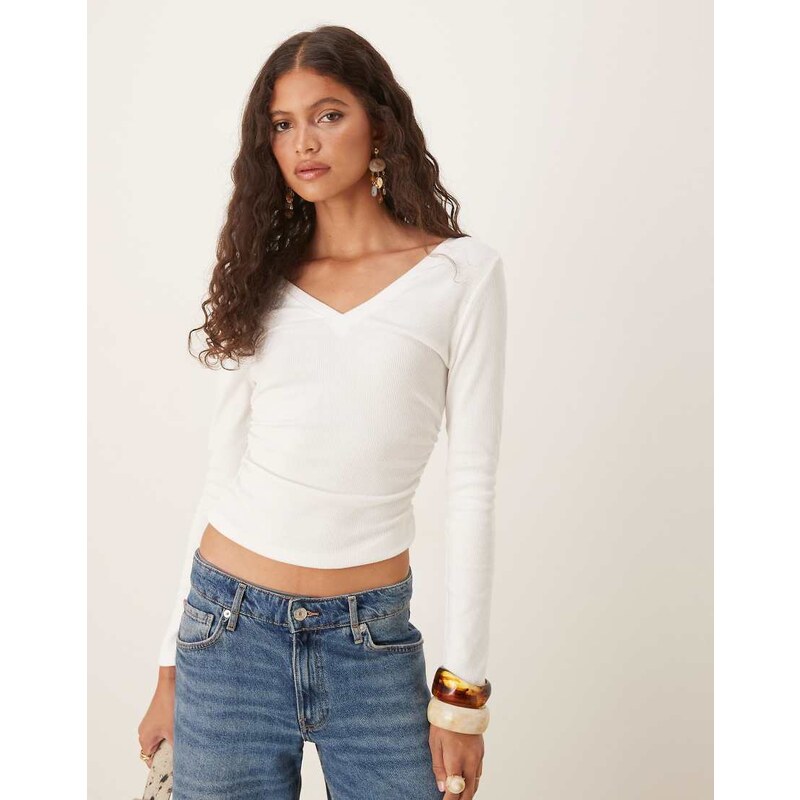 ASOS DESIGN v neck cinched mini rib long sleeve top in ivory