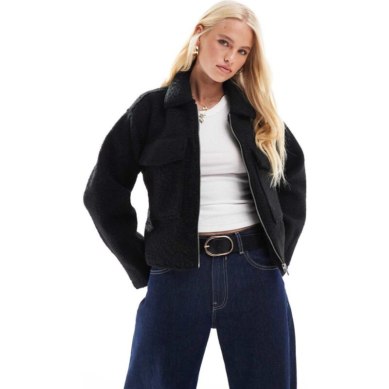 ONLY boxy zip through boucle jacket in black