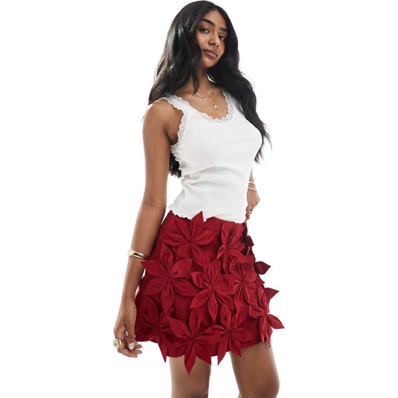 ASOS DESIGN 3D floral mini skirt in burgundy-Neutral 107496219