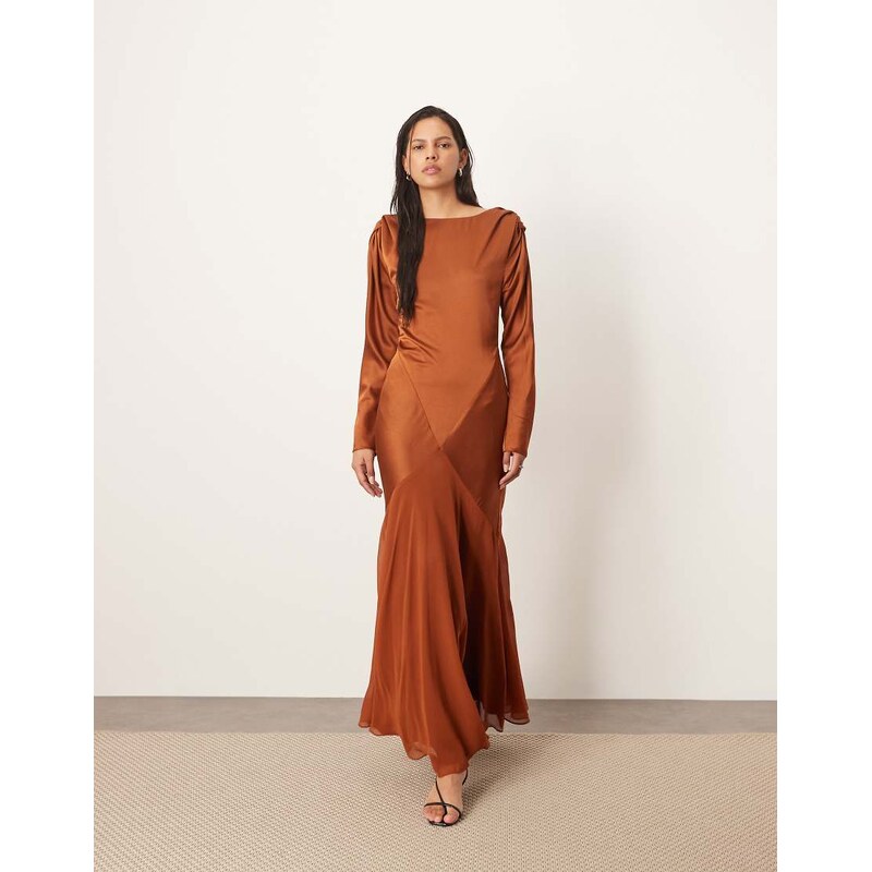 ARRANGE twist shoulder long sleeve hybrid maxi dress in caramel-Brown 107519192