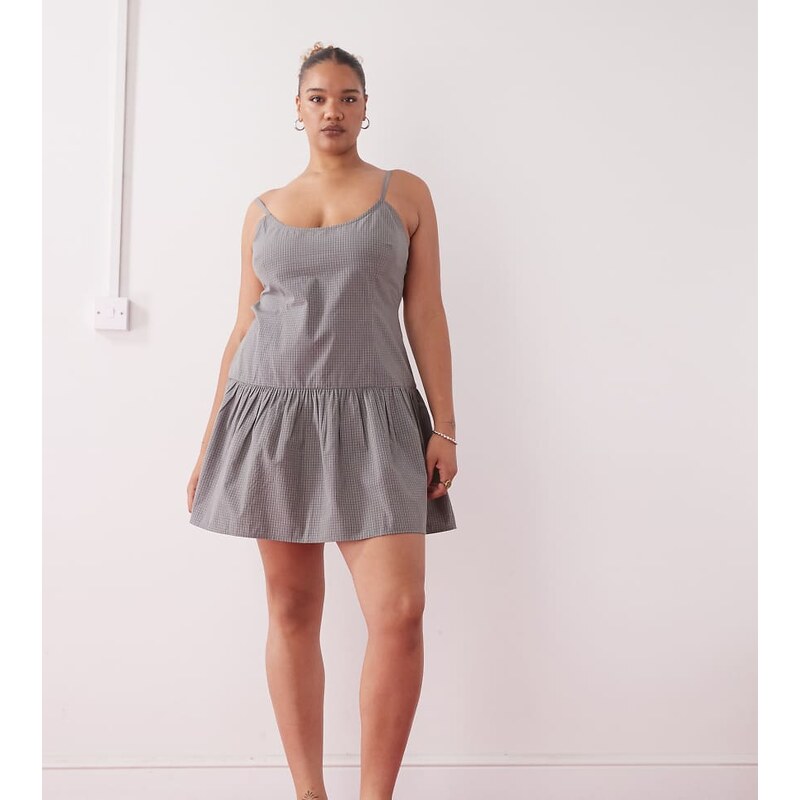 COLLUSION Plus scoop neck drop waist mini dress in grey grid check 107501647