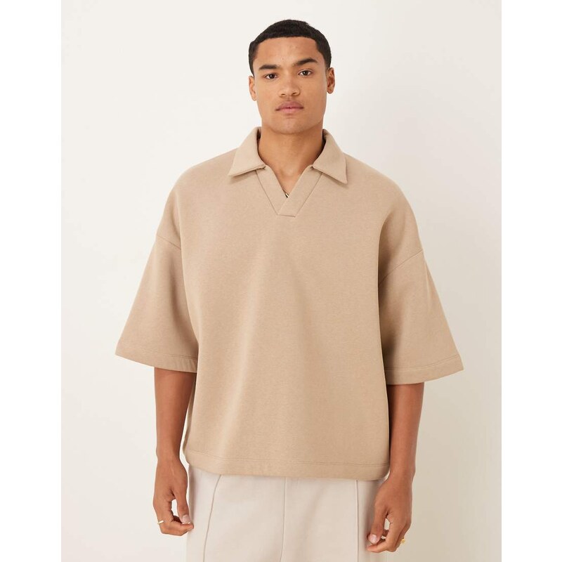 ASOS DESIGN extreme oversized three quarter sleeve polo in beige 107408832