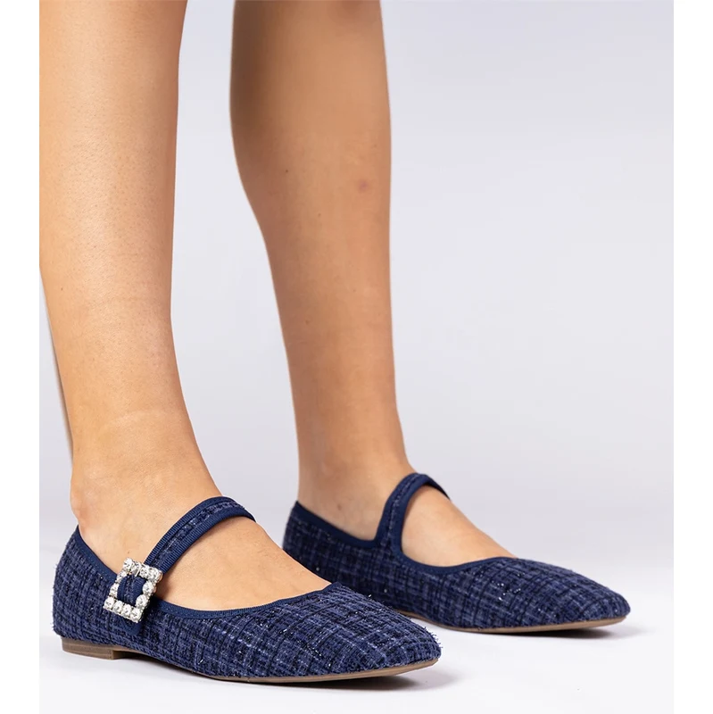 Gemre Navy blue womens ballet flats with buckle and crystals Piona 107358653