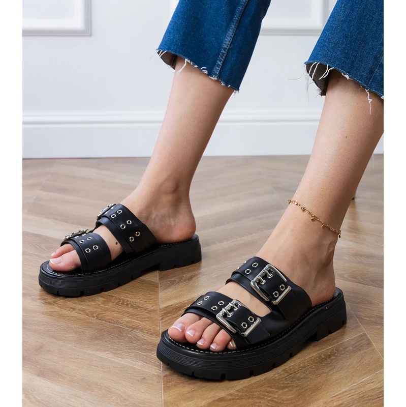 marka niezdefiniowana D/CEO Black flat sandals with buckles on