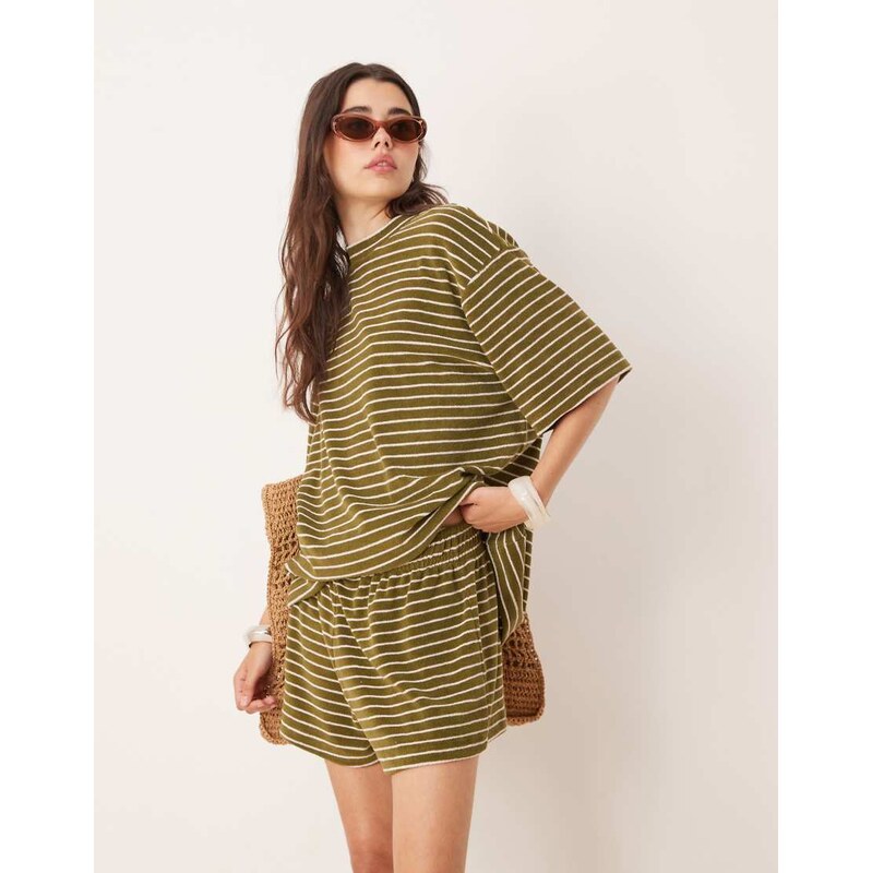 ASOS DESIGN towelling boxer short co-ord in khaki stripe-Green