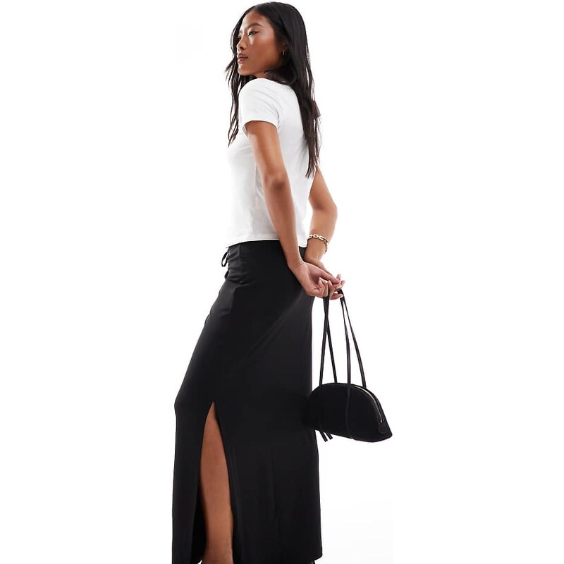 Vero Moda Petite slinky ruched front maxi skirt co-ord in black 107362892