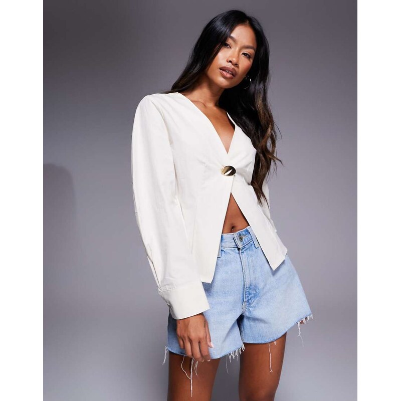 ASOS DESIGN button front cocoon sleeve top in buttermilk-Yellow